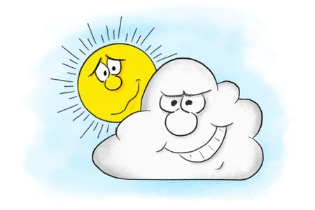 cartoon illustration of a sun hidden by clouds in the skyの写真素材