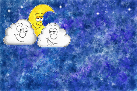 illustration of cartoon moon with clouds in watercolor night skyの写真素材