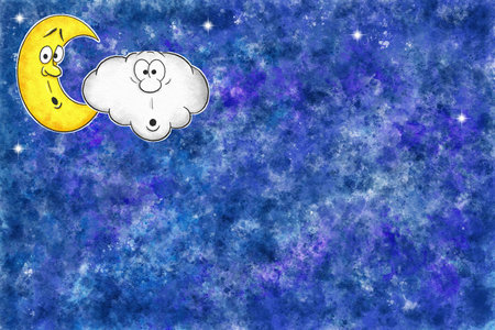 illustration of surprise cartoon moon with equally surprised cloud in watercolor night skyの写真素材