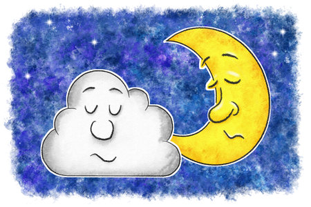 illustration of sleeping cartoon moon with cloud in watercolor night skyの写真素材