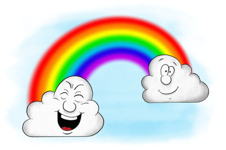 cartoon illustration of clouds with a rainbow in the skyの写真素材