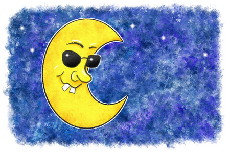 illustration of cartoon moon with sunglasses in watercolor night skyの写真素材