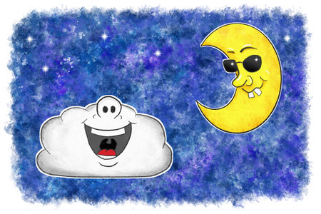 illustration of grinning cartoon moon with sunglasses and laughing cloud in watercolor night skyの写真素材
