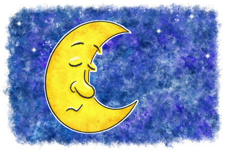 illustration of sleeping cartoon moon in watercolor night skyの写真素材