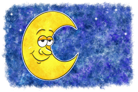 illustration of smiling cartoon moon in watercolor night skyの写真素材