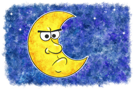 illustration of angry cartoon moon in watercolor night skyの写真素材