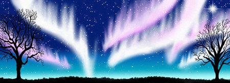 Watercolor illustration of night sky with northern lights as bannerの写真素材