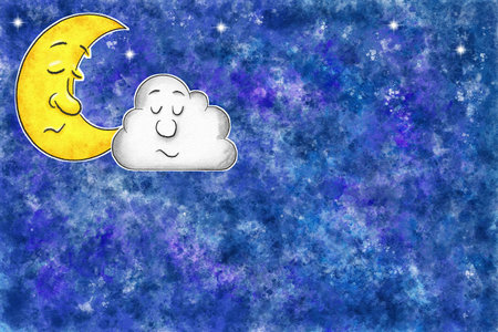 illustration of sleeping cartoon moon with cloud in watercolor night skyの写真素材