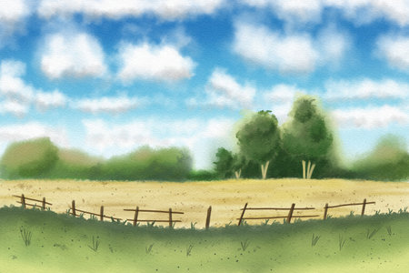 Watercolor illustration of a landscape with a field, fence and skyの写真素材