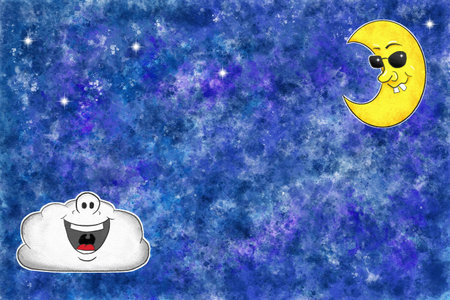 illustration of grinning cartoon moon with sunglasses and laughing cloud in watercolor night skyの写真素材