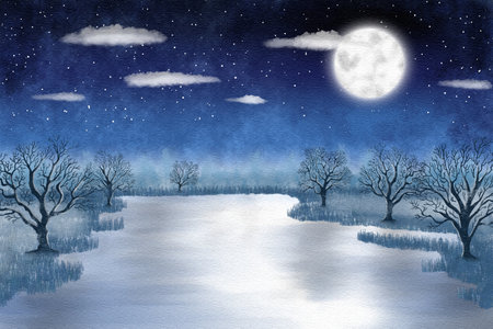 Watercolor illustration of autumn landscape with trees on the lake shore and blue night sky with clouds and full moonの写真素材