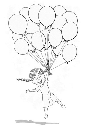 line ink drawing of girl holding balloons and lifting from the ground on white backgroundの写真素材