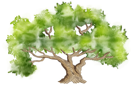 Watercolor illustration of hand painted green tree on white backgroundの写真素材
