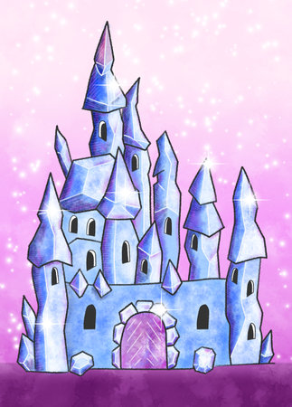 glittering crystal castle in watercolor and pencil lines in pink and purple tones with pink backgroundの写真素材
