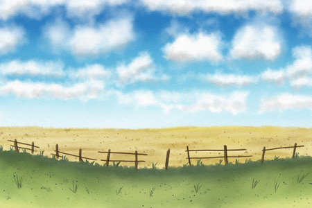 Watercolor illustration of a landscape with a field, fence and skyの写真素材