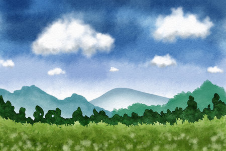 Watercolor illustration of landscape with trees, mountains on horizon and blue sky with cloudsの写真素材