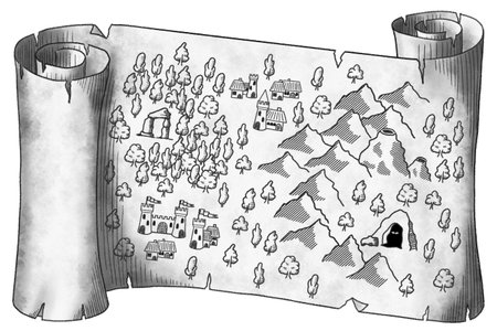 illustration of a parchment in pencil lines and watercolor with medieval map on white backgroundの写真素材