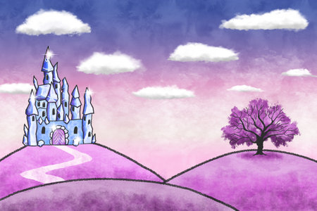 illustration of a crystal castle in a fantasy landscape in watercolors and pink, purple shadesの写真素材