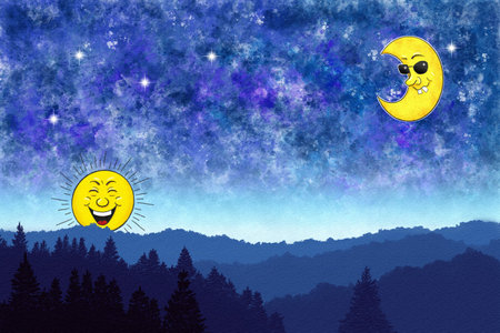 illustration of landscape with night sky and moon with sunglasses and a rising laughing sunの写真素材