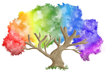 Watercolor illustration of hand painted rainbow colored fantasy tree on white backgroundの写真素材