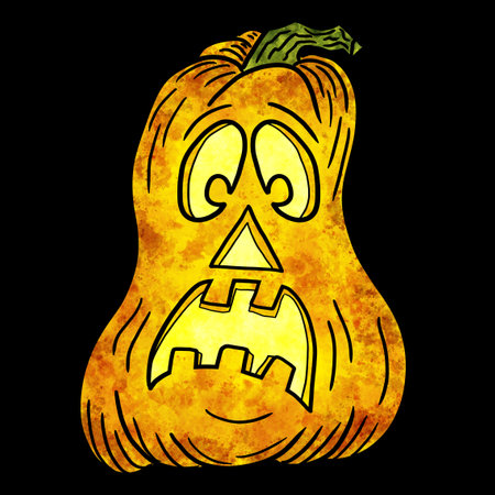 illustration of a hand drawn halloween pumpkin with face isolated on blackの写真素材