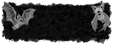 illustration of hand drawn cartoon bat with black banner background and copy space