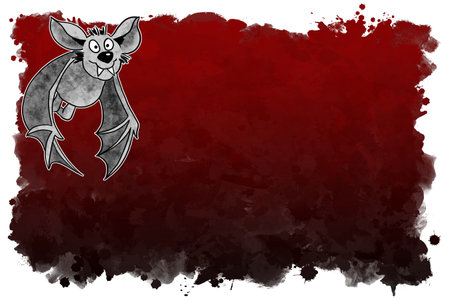 illustration of hand drawn cartoon bat with black and red background and copy spaceの写真素材