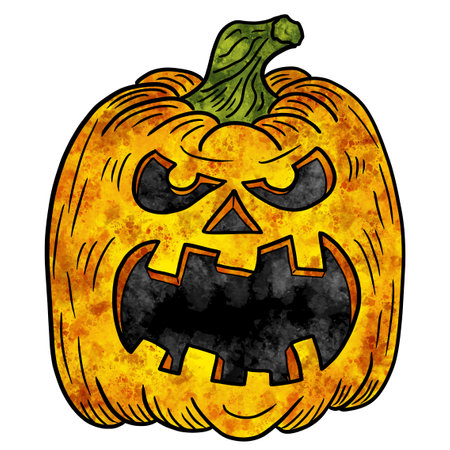 illustration of a hand drawn halloween pumpkin with face isolated on whiteの写真素材