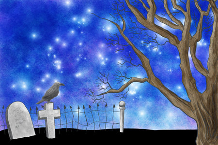 illustration of a halloween watercolor night sky over a cemeteryの写真素材