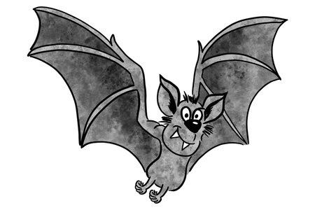illustration of a hand drawn flying cartoon bat with white backgroundの写真素材