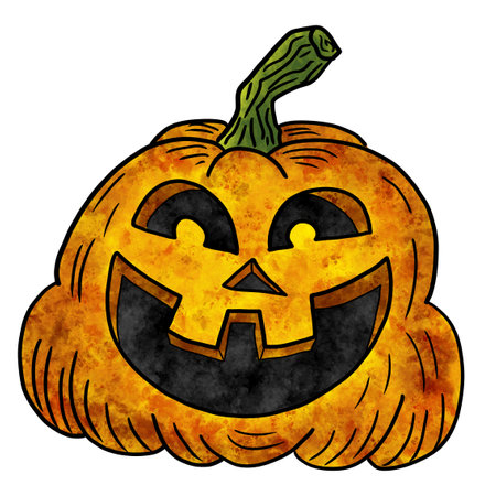 illustration of a hand drawn halloween pumpkin with face isolated on whiteの写真素材