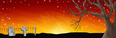 illustration of a halloween watercolor night sky over a cemeteryの写真素材