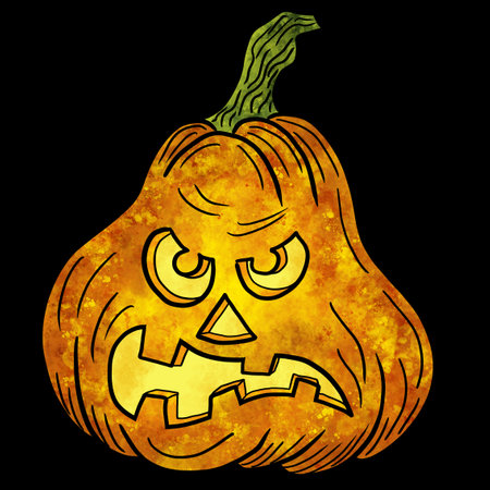 illustration of a hand drawn halloween pumpkin with face isolated on blackの写真素材