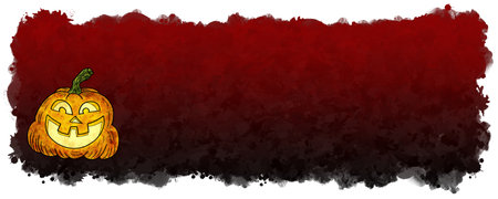 illustration of hand drawn cartoon halloween pumpkin with black and red banner background and copy spaceの写真素材