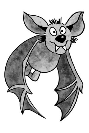 illustration of a hand drawn flying cartoon bat with white backgroundの写真素材