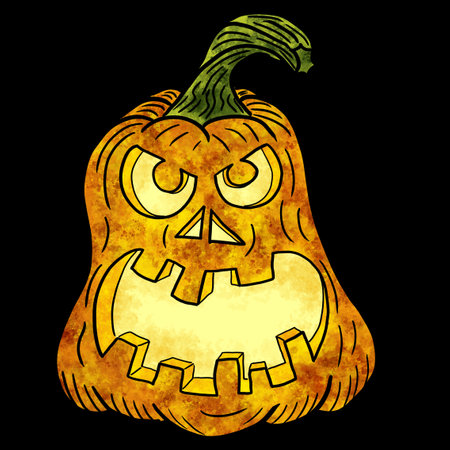 illustration of a hand drawn halloween pumpkin with face isolated on blackの写真素材