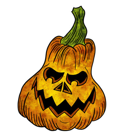 illustration of a hand drawn halloween pumpkin with face isolated on whiteの写真素材