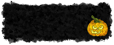 illustration of hand drawn cartoon halloween pumpkin with black banner background and copy spaceの写真素材