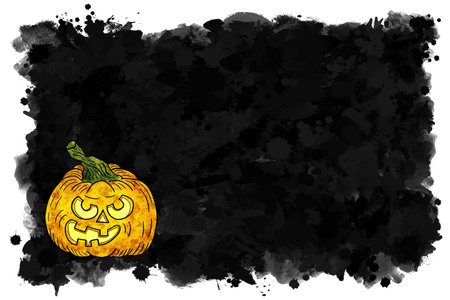 illustration of hand drawn cartoon halloween pumpkin with black banner background and copy spaceの写真素材
