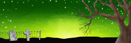 illustration of a halloween watercolor night sky over a cemeteryの写真素材