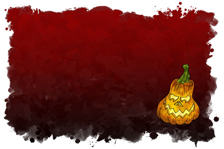 illustration of hand drawn cartoon halloween pumpkin with black and red banner background and copy spaceの写真素材