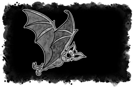 illustration of a hand drawn flying cartoon bat with black backgroundの写真素材