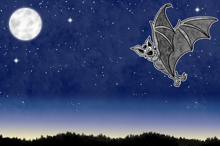illustration of a hand drawn cartoon bat in night sky with copy space and starsの写真素材