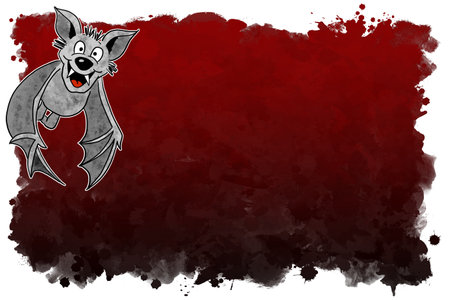 illustration of hand drawn cartoon bat with black and red background and copy spaceの写真素材