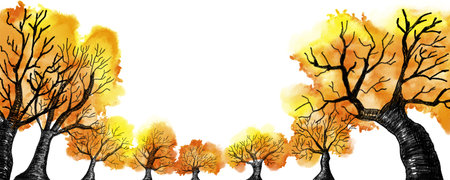 row of autumn trees in wide angle, hand drawn illustration in pencil and watercolorの写真素材