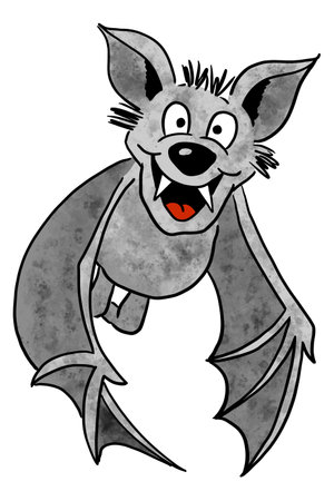 illustration of a hand drawn flying cartoon bat with white backgroundの写真素材