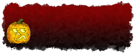 illustration of hand drawn cartoon halloween pumpkin with black and red banner background and copy spaceの写真素材