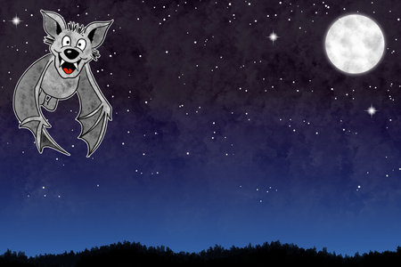 illustration of a hand drawn cartoon bat in night sky with copy space and starsの写真素材
