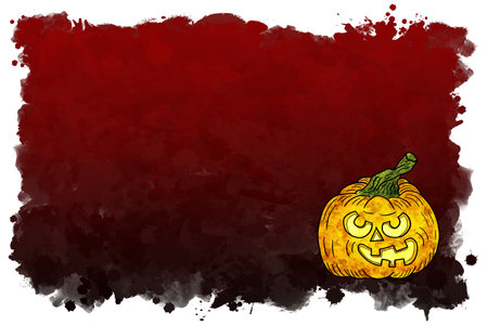 illustration of hand drawn cartoon halloween pumpkin with black and red banner background and copy spaceの写真素材
