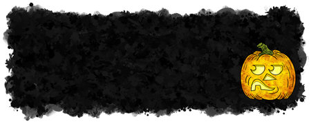 illustration of hand drawn cartoon halloween pumpkin with black banner background and copy spaceの写真素材